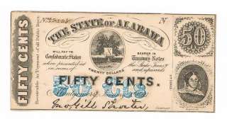 State Of Alabama 1863 50 Cent Confederate Currency Note  