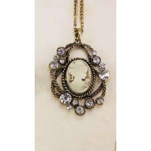  Antique Gold Crystal Lady Cameo Pendant Necklace 