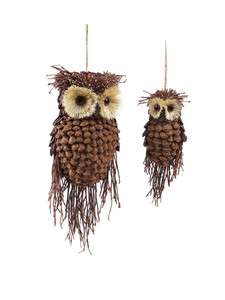 Pair Large Rustic Owl Bird Pine Cone Twig Christmas Ornaments  