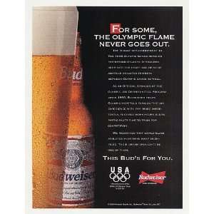   Budweiser Beer Olympic Flame Never Goes Out Print Ad