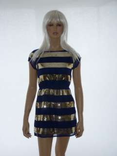 NEW WOMENS PARTY MINI NAVY DRESS WITH SEQUINS STRIPES  