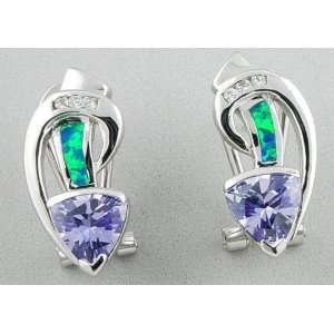  925 Silver Created OPAL CZ Trillion Tanzanite LEVERBACK 