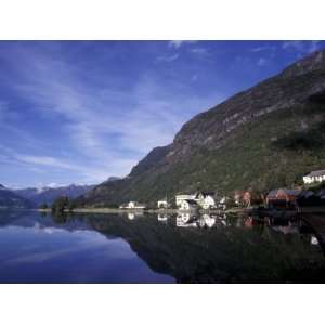 Mountain and Houses Reflecting in Fjord Waters, Norway Photographic 