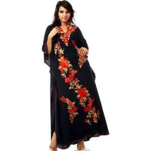 Midnight Blue Kashmiri Kaftan with Embroidered Flowers   Pure Cotton