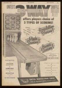 1959 United 3 Way Shuffle Alley bowling game trade ad  