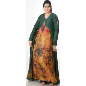  Green and Amber Batik Kaftan from Kashmir   Pure Silk 