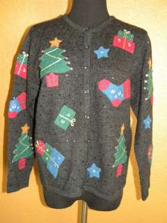 Ugly, Cute Wool Christmas Sweater Talbots Small Petite Cardigan, Trees 