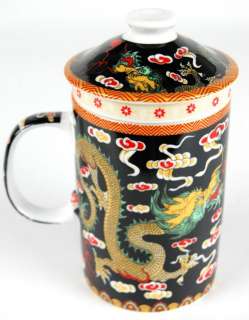 PORCELAIN BLACK DRAGON TEA CUP Infuser Ceramic Mug Gift  