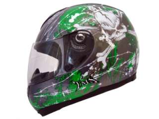 GREY/GREEN SKULL X BONE FULL FACE MOTORCYCLE HELMET ~ S  