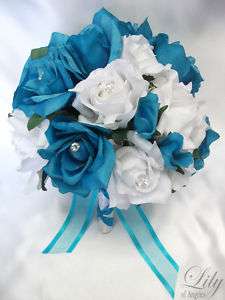 17 pieces Wedding Bridal Round Bouquet Flower TURQUOISE  