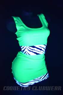 Neon Green Zebra Print UV GLOW Sexy Clubwear Lycra Spandex Mini Dress 