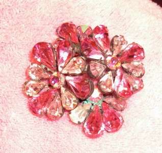 Vintage Regency Pink Flower Stacked Aurora Borealis Brooch Pin 