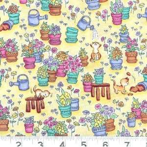   Potted Flowers & Cats Yellow Fabric By The Yard Arts, Crafts & Sewing