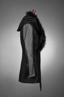  Leather Sleeve Long Coat with Fur Trimmed Hood BLACK, DARK GRAY 4MZ