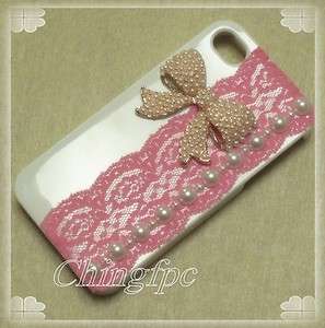 Sweet Deco Bling Pearl Lace Case Cover for iPhone 4 4S _D66B  