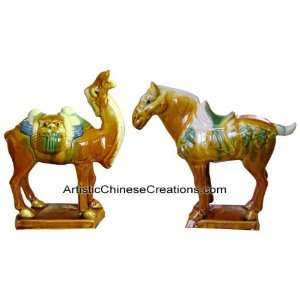   Oriental Gifts   Tri color Tang Pottery Horse & Camel