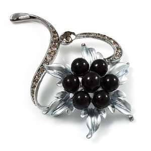  Floral Bead Crystal Brooch (Gun Metal) Jewelry