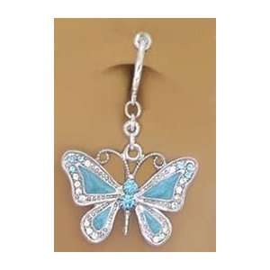   Navel Non Clip on Piercing Aqua Lt blue Butterfly Dangle Ring Jewelry