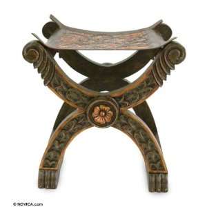  Tooled leather and wood stool, Floral Grandeur