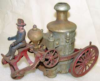 Antique Cast Iron Toy 2 Horse Drawn Fire Pumper Wagon  
