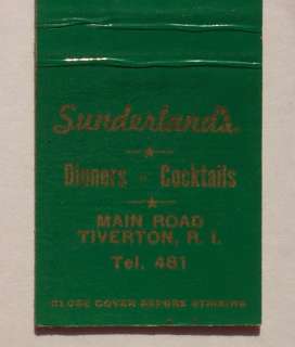 1950s Matchbook Sunderlands Dinners Tiverton RI MB  