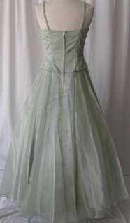   ball gown dress the color is sage the dress is made from satin bodice