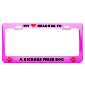  A Bichons Frise Dog Pet Pink Metal License Plate Frame Tag 