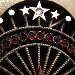 Fan Pin Victorian Garnets Paste Stick Mixed Metals Vintage Brooch 