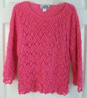 CHIC PINK CROCHET KNIT LINED SCOOP NECK RAMIE COTTON PULLOVER BOHO 