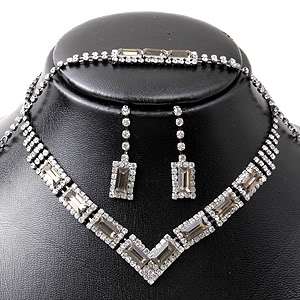 Chunky Crystal Clear Hematite Smoked Statement Necklace Set  