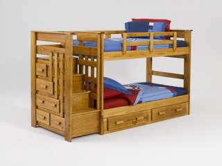 NEW SOLID PINE WOOD STAIRCASE TWIN BUNK BED W/7 DRAWERS  