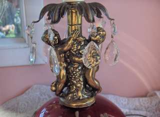 Vintage Metal Table Lamp Cherubs Grapevine Round Candy Apple Red Glass 
