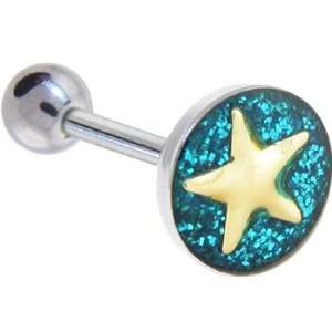  Blue Gold Glitter Star Barbell Tongue Ring Jewelry