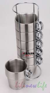 Stainless Steel Coffee Tea Cup Mug Set of 6 Rack Holder  