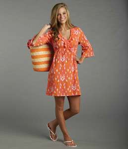 Mud Pie Tangerine Ikat TUNIC Womens Dress Top Cover Up Bell Sleeve S M 