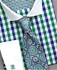   ,Steven Land Spread Collar FrenchCuffs Blue&Green Check DS1016Green