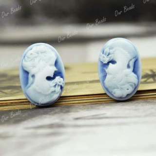 10 Blue Resin Lady Portrait Cameo Cabochon Beads RB0527  