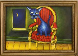 Blue Cat Red Chair Moon Room Funny FRAMED OIL PAINTING  