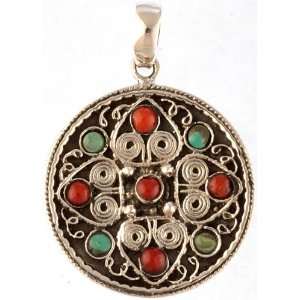  Mandala Pendant with Turquoise and Coral   Sterling Silver 