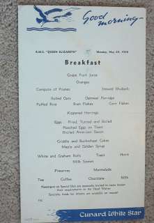 CUNARD WHITE STAR   QUEEN ELIZABETH 1950 Breakfast Menu  