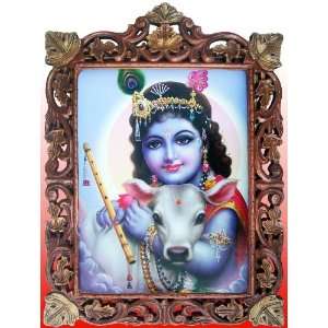 Lord Child Krishna with His Cow, Wood Craft Frame 