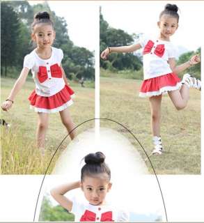   Japanese Korean Style Bowknot T shirt + Skirt For Kids Suits  
