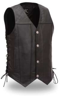 Mens Black Leather Buffalo Nickel Motorcycle Vest Lace  