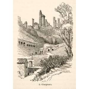  1876 Wood Engraving San Gimignano Medieval Siena Tuscany 