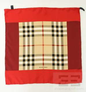 Burberry Red & Tan Silk Check Print Small Square Scarf  