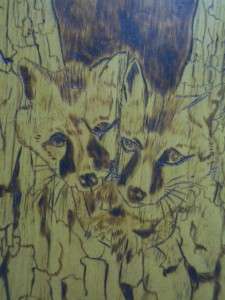 Vintage Pyrography Wood Burned Fox Heads Wall Hanging  