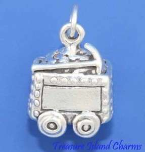 COAL MINER MINE ORE CART 3D .925 Sterling Silver Charm Minecart  