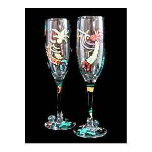 Red Hat Dazzle Design   Hand Painted   Matching Set of Toasting Flutes 