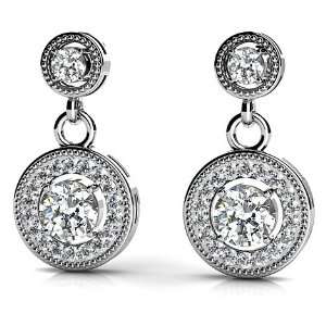  14k White Gold, Round Colored Stone Drop Diamond Earrings 