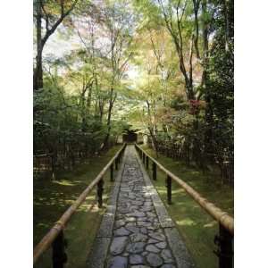 Path, Stone with Bamboo Railing in Japanese Garden, View to Temple 
